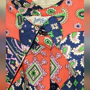 Vtg 70s PAISLEY long sleeve WIDE COLLAR poly BUTTON FRONT blouse PATCHWORK